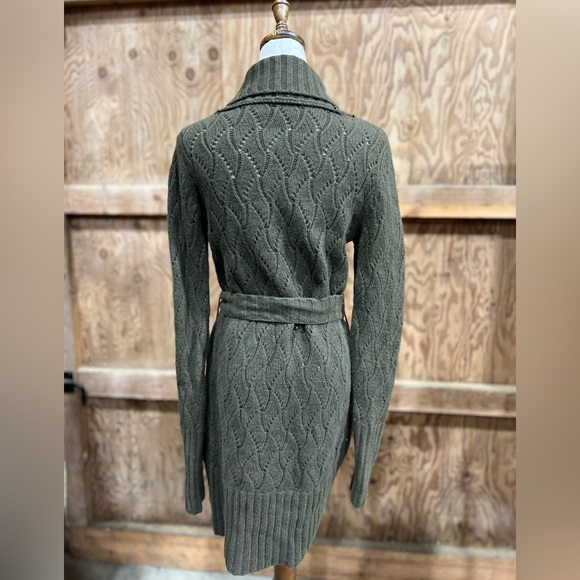 Halogen Cashmere Wool Crocheted Knit Wrap Cardigan – Olive Green Shawl Collar L - Picture 6 of 16